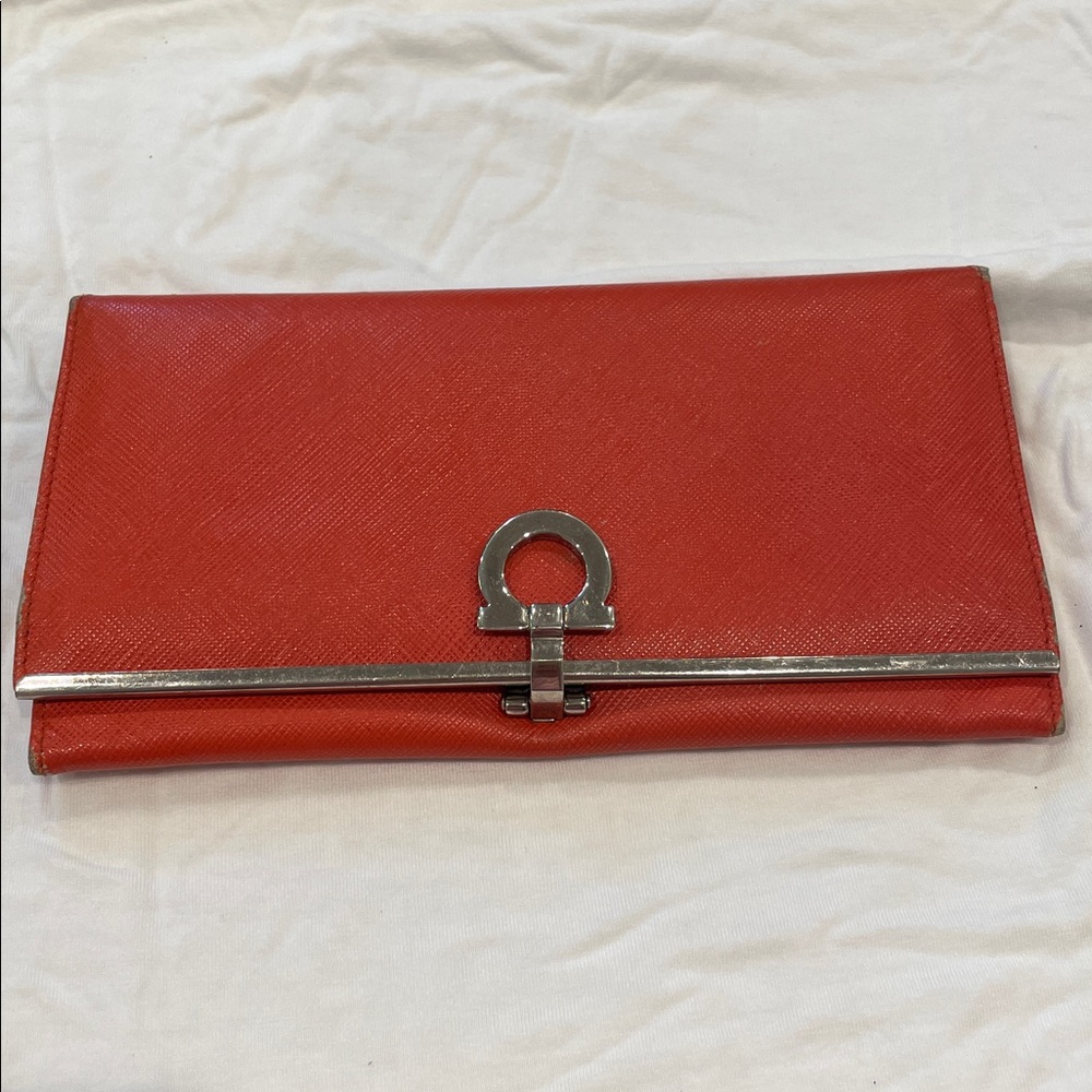 Salvatore Ferragamo Orange Gancini Long Leather Wallet
